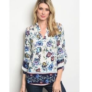 White/Blue Floral Blouse NEW